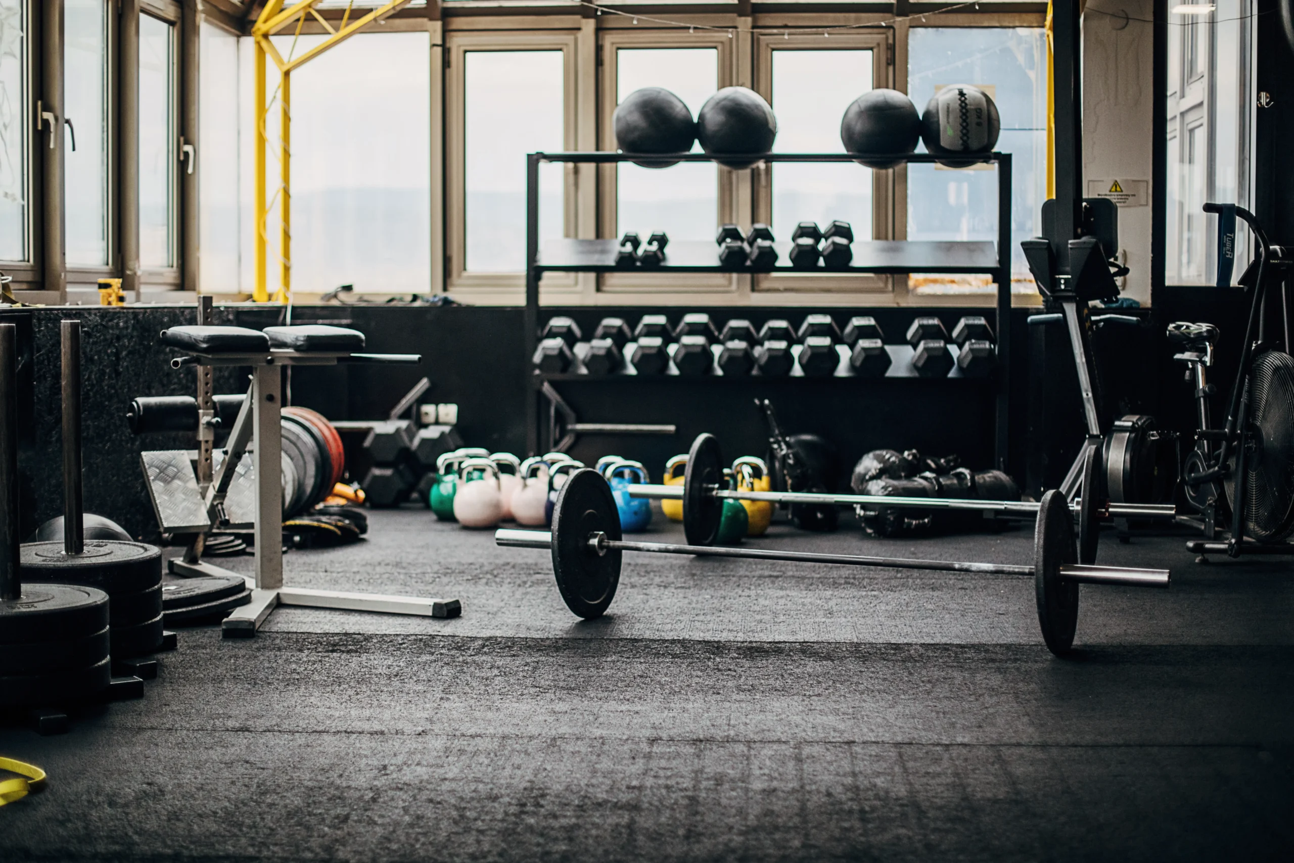 Workout area with gym gear and weights