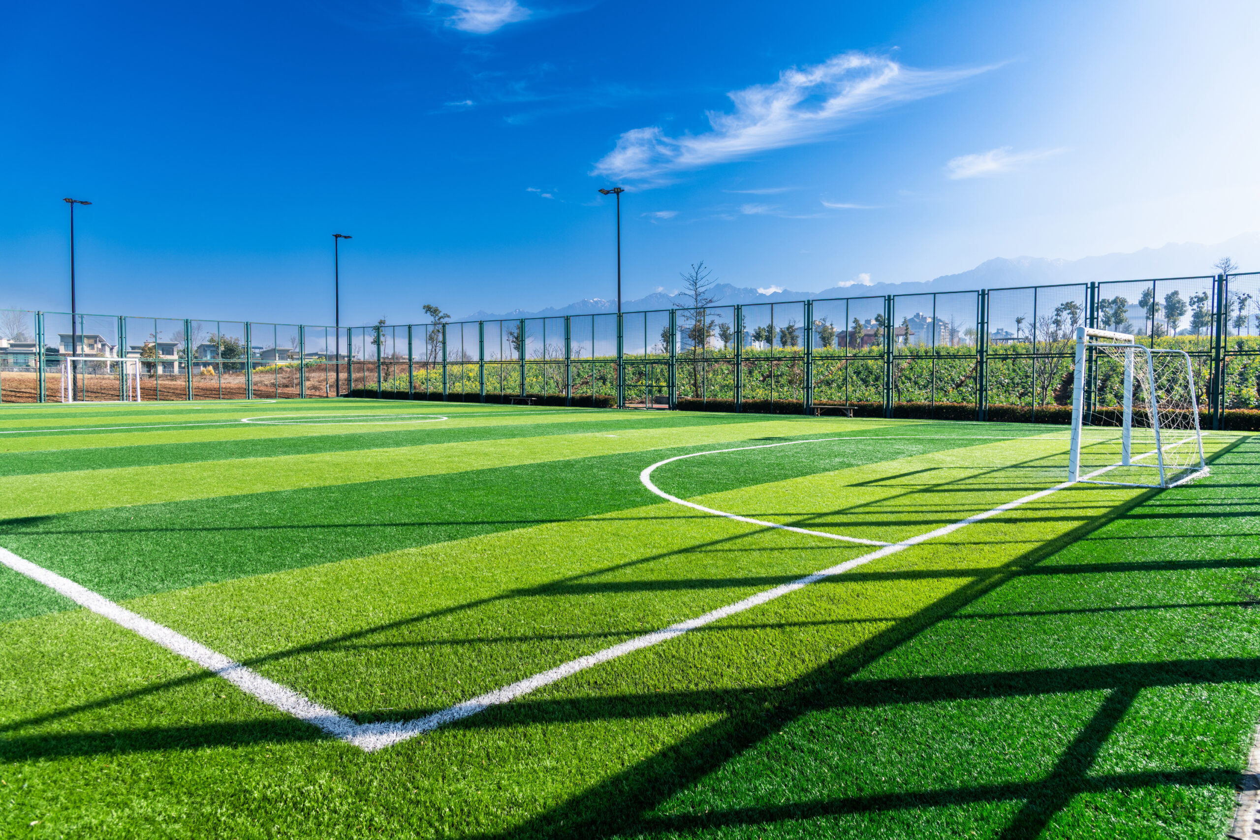 Empty green soccer field with goals