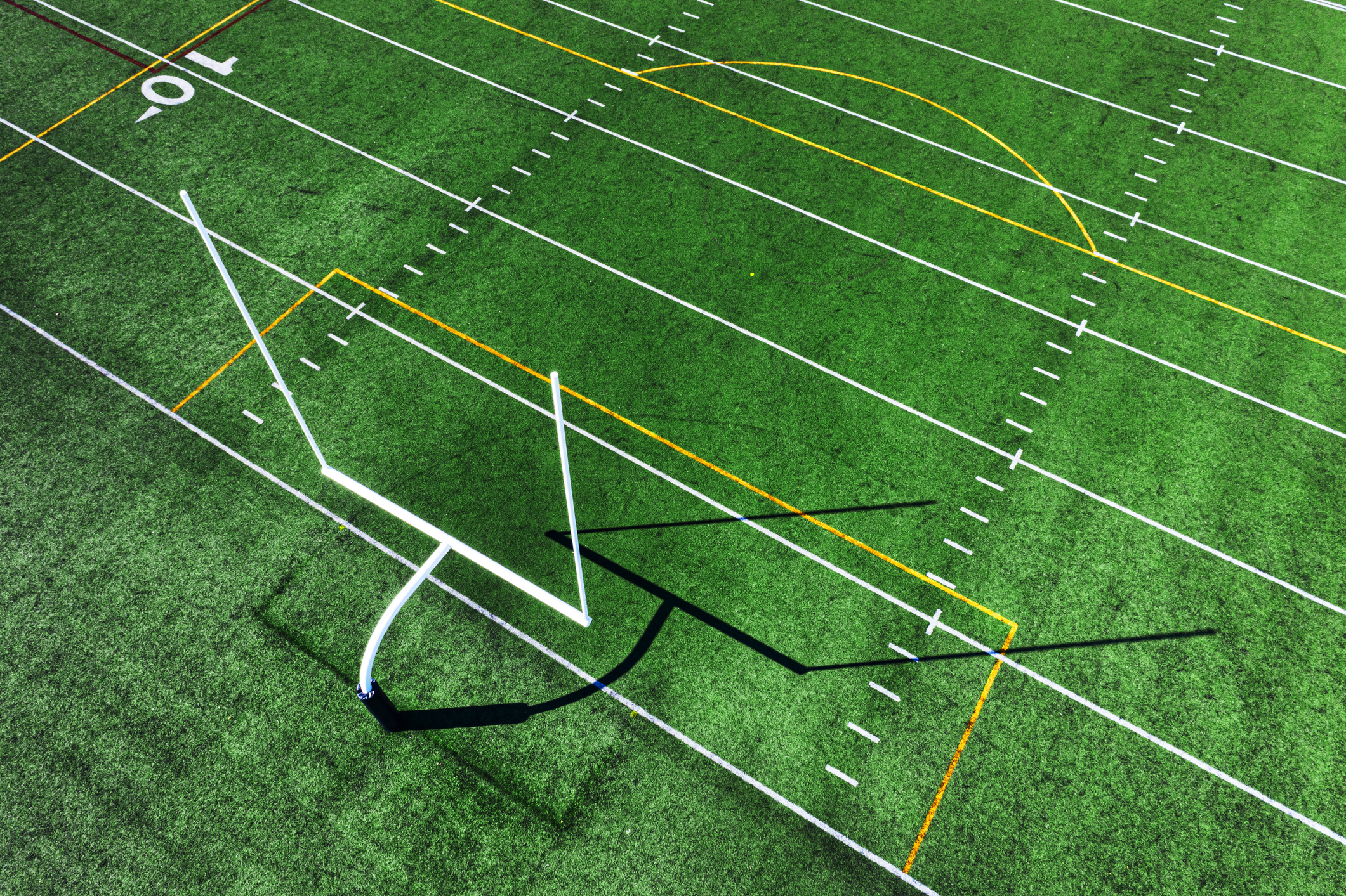 Aerial view of a dual purpose American/European football field.